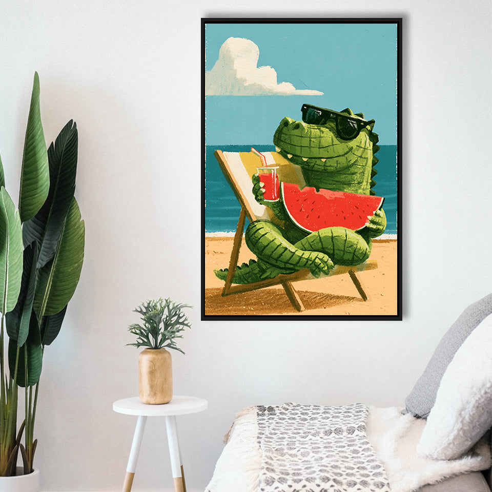 Cute Crocodile Relax Summer Time, Funny Pet Art Painting, Pet Lover Art, Framed Canvas Print, Floating Frame