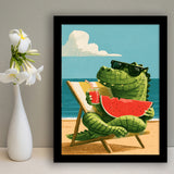 Cute Crocodile Relax Summer Time, Funny Pet Art Painting, Pet Lover Art, Framed Art Print, Fine Art Wall Decor