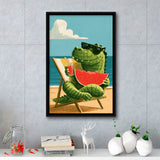 Cute Crocodile Relax Summer Time, Funny Pet Art Painting, Pet Lover Art, Framed Canvas Print, Floating Frame