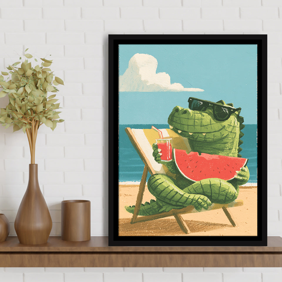 Cute Crocodile Relax Summer Time, Funny Pet Art Painting, Pet Lover Art, Framed Canvas Print, Floating Frame