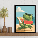Cute Crocodile Relax Summer Time, Funny Pet Art Painting, Pet Lover Art, Framed Canvas Print, Floating Frame