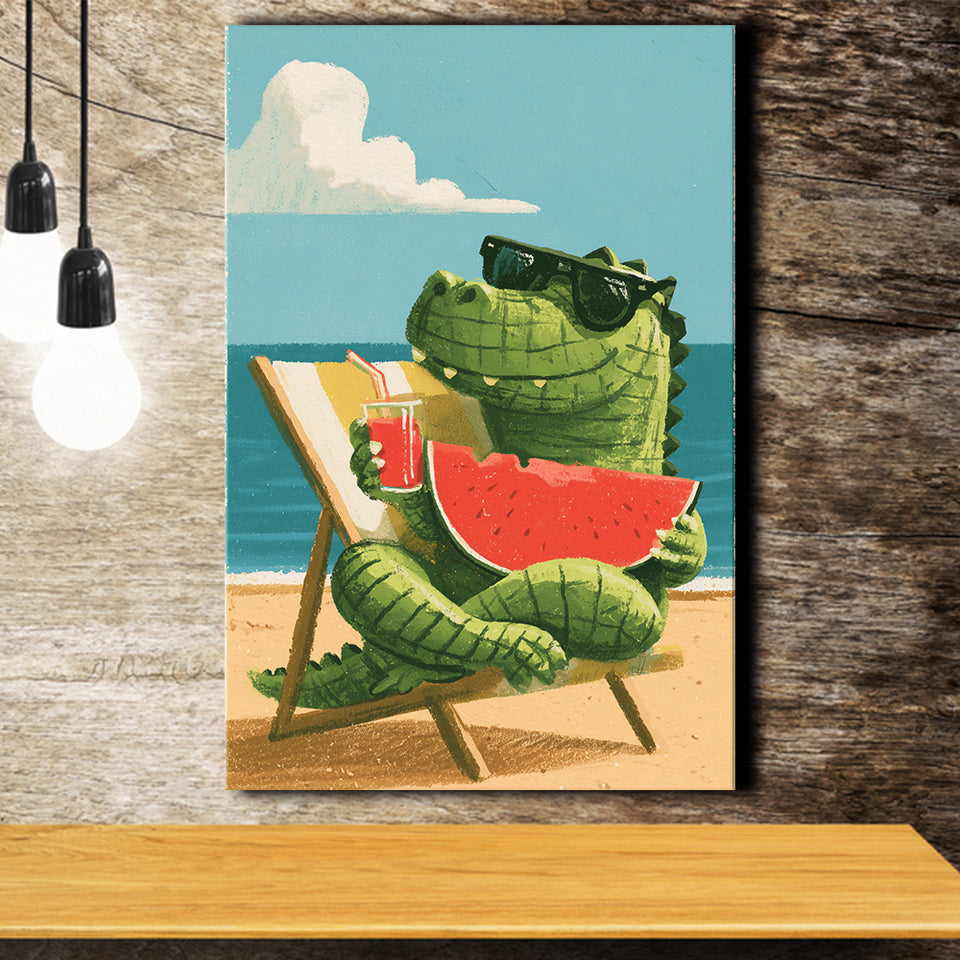 Cute Crocodile Relax Summer Time, Funny Pet Art Painting, Pet Lover Art, Canvas Print Wall Art, Wall Decor