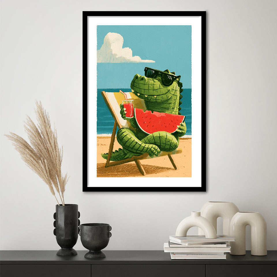 Cute Crocodile Relax Summer Time, Funny Pet Art Painting, Pet Lover Art, Framed Art Print White Border
