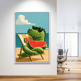 Cute Crocodile Relax Summer Time, Funny Pet Art Painting, Pet Lover Art, Framed Canvas Print, Floating Frame