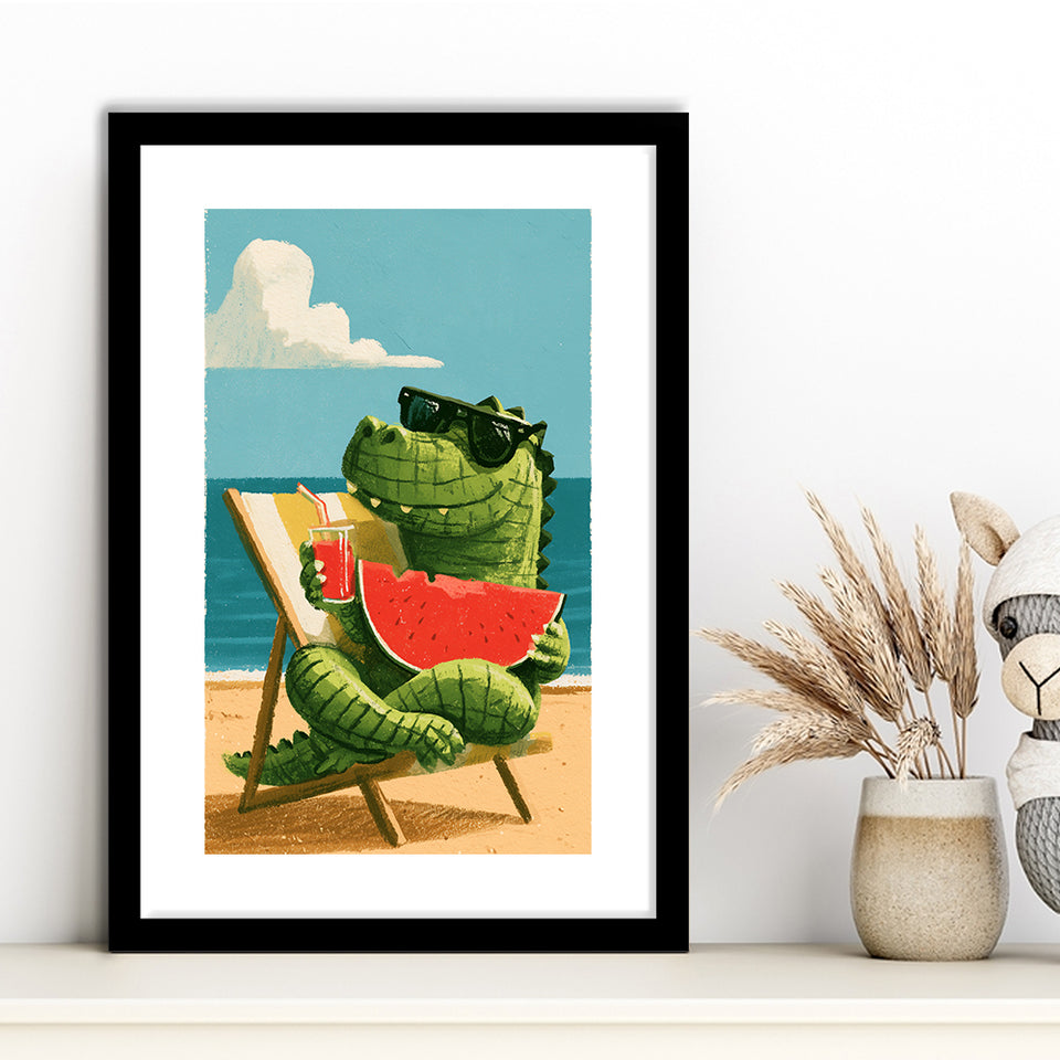 Cute Crocodile Relax Summer Time, Funny Pet Art Painting, Pet Lover Art, Framed Art Print White Border