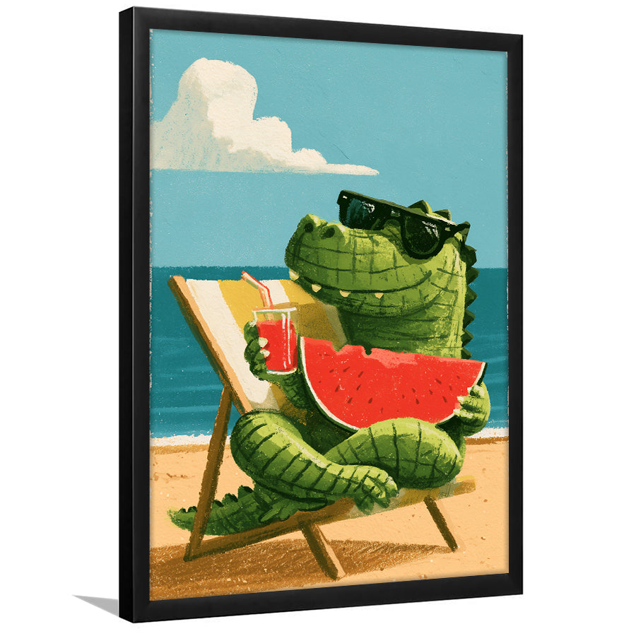 Cute Crocodile Relax Summer Time, Funny Pet Art Painting, Pet Lover Art, Framed Art Print, Fine Art Wall Decor