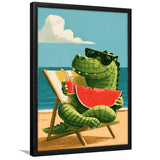 Cute Crocodile Relax Summer Time, Funny Pet Art Painting, Pet Lover Art, Framed Art Print, Fine Art Wall Decor