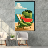 Cute Crocodile Relax Summer Time, Funny Pet Art Painting, Pet Lover Art, Framed Canvas Print, Floating Frame