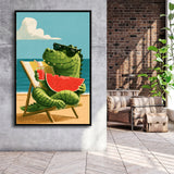 Cute Crocodile Relax Summer Time, Funny Pet Art Painting, Pet Lover Art, Framed Canvas Print, Floating Frame