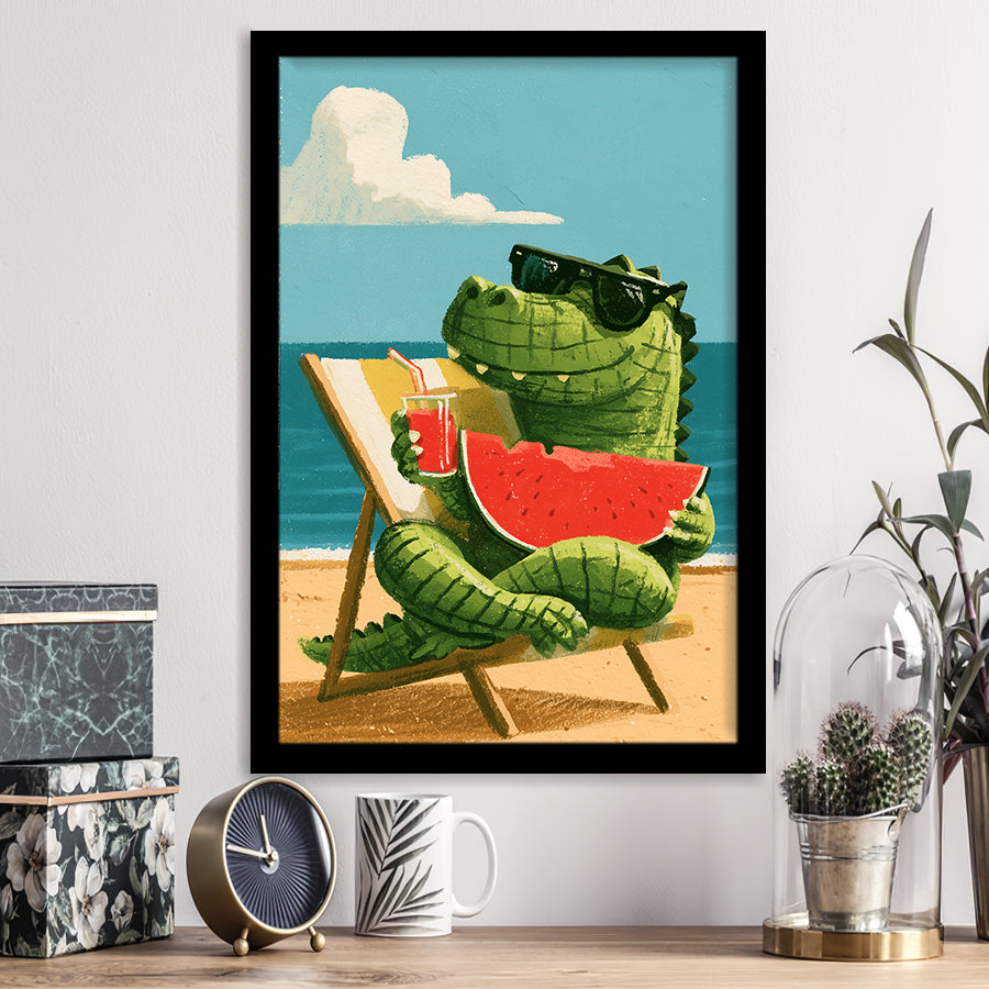 Cute Crocodile Relax Summer Time, Funny Pet Art Painting, Pet Lover Art, Framed Art Print, Fine Art Wall Decor