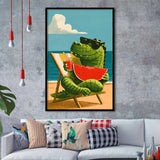 Cute Crocodile Relax Summer Time, Funny Pet Art Painting, Pet Lover Art, Framed Art Print, Fine Art Wall Decor
