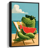 Cute Crocodile Relax Summer Time, Funny Pet Art Painting, Pet Lover Art, Framed Canvas Print, Floating Frame