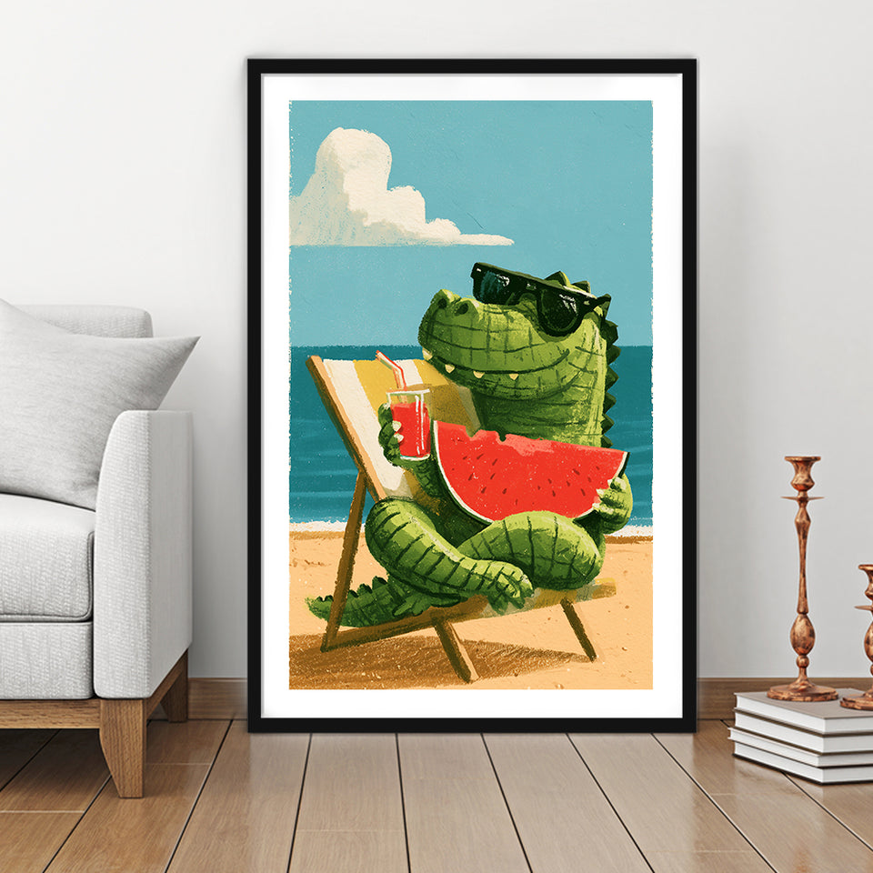 Cute Crocodile Relax Summer Time, Funny Pet Art Painting, Pet Lover Art, Framed Art Print White Border