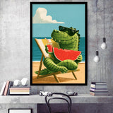 Cute Crocodile Relax Summer Time, Funny Pet Art Painting, Pet Lover Art, Framed Art Print, Fine Art Wall Decor