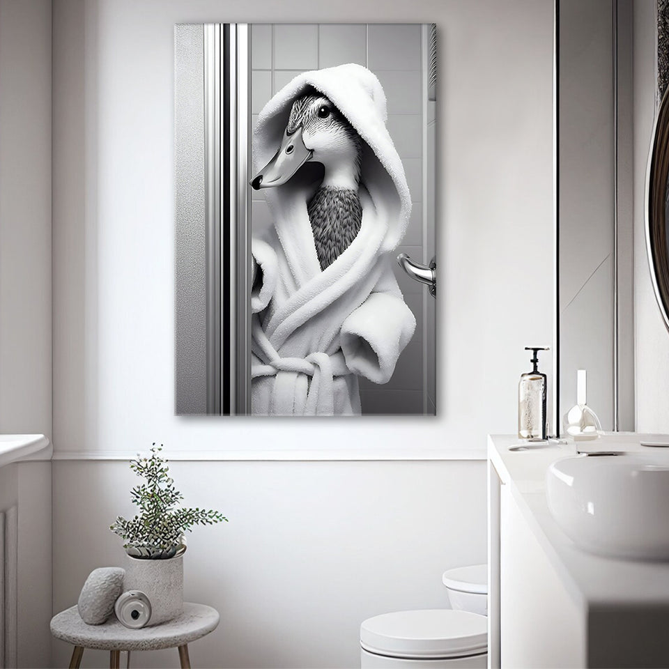 Cute Duck in a Bathrobe Peering from Shower Cabin Canvas Prints Wall Art, Bathroom Art Print, Pet Gift