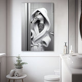 Cute Duck in a Bathrobe Peering from Shower Cabin Canvas Prints Wall Art, Bathroom Art Print, Pet Gift