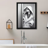 Cute Duck In A Bathrobe Peering From Shower Cabin Framed Canvas Prints Wall Art, Bathroom Framed Art Print, Pet Gift