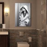 Cute Duck in a Bathrobe Peering from Shower Cabin Canvas Prints Wall Art, Bathroom Art Print, Pet Gift