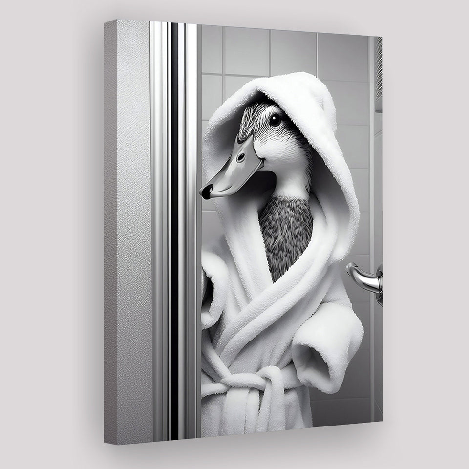 Cute Duck in a Bathrobe Peering from Shower Cabin Canvas Prints Wall Art, Bathroom Art Print, Pet Gift