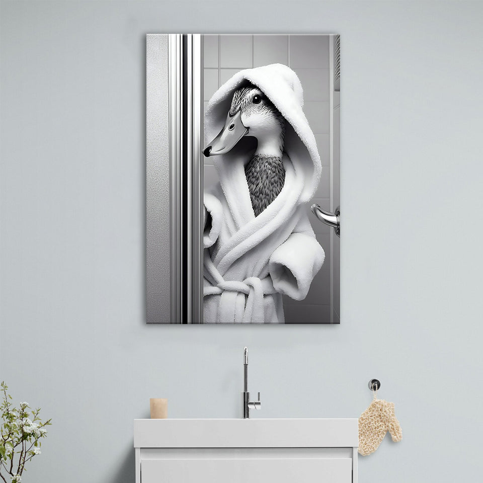 Cute Duck in a Bathrobe Peering from Shower Cabin Canvas Prints Wall Art, Bathroom Art Print, Pet Gift