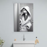 Cute Duck in a Bathrobe Peering from Shower Cabin Canvas Prints Wall Art, Bathroom Art Print, Pet Gift