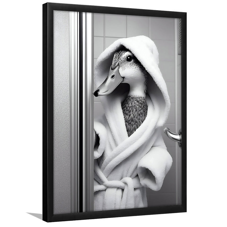 Cute Duck In A Bathrobe Peering From Shower Cabin Framed Art Print Wall Decor, Bathroom Framed Art Print, Pet Gift