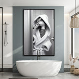 Cute Duck In A Bathrobe Peering From Shower Cabin Framed Canvas Prints Wall Art, Bathroom Framed Art Print, Pet Gift
