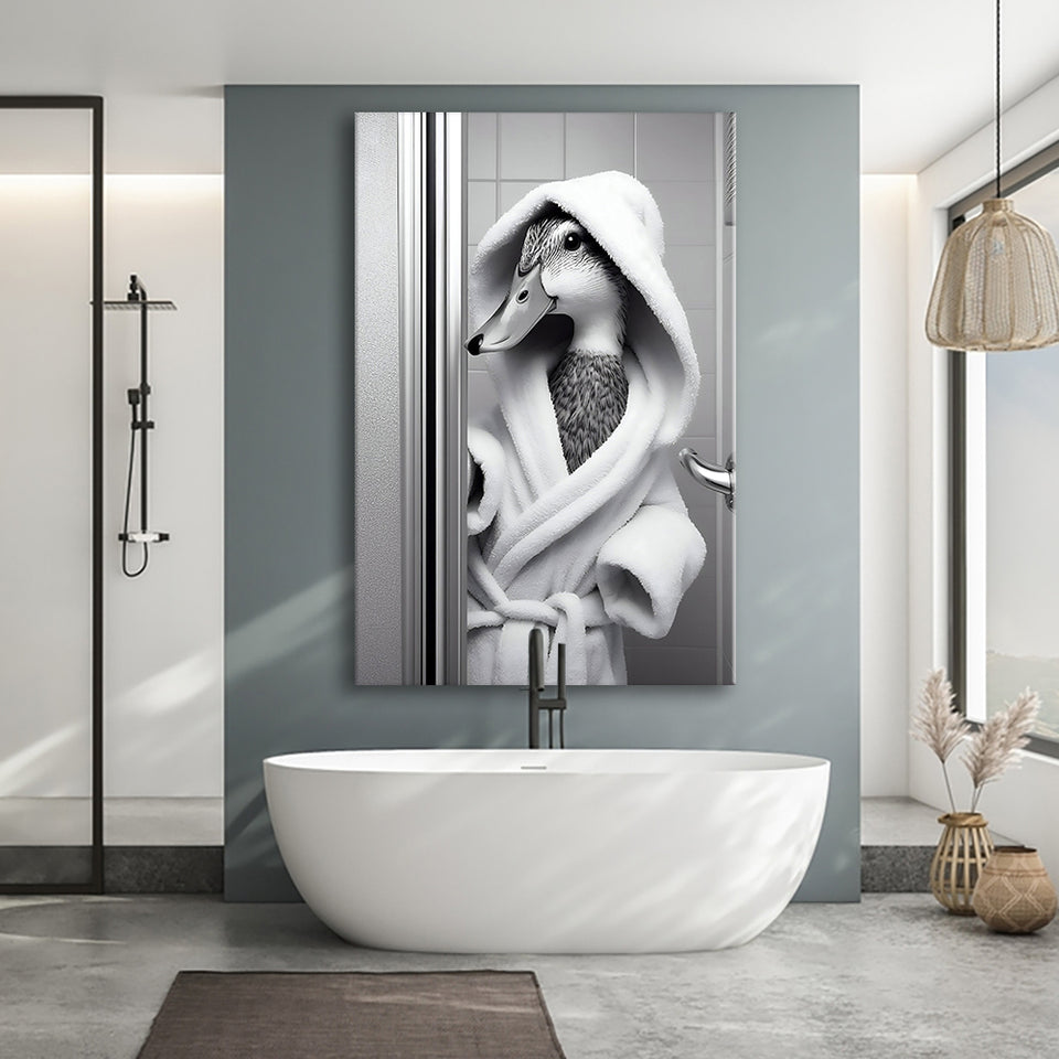 Cute Duck in a Bathrobe Peering from Shower Cabin Canvas Prints Wall Art, Bathroom Art Print, Pet Gift