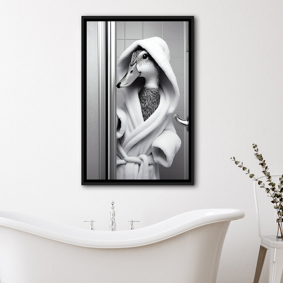Cute Duck In A Bathrobe Peering From Shower Cabin Framed Canvas Prints Wall Art, Bathroom Framed Art Print, Pet Gift