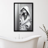 Cute Duck In A Bathrobe Peering From Shower Cabin Framed Canvas Prints Wall Art, Bathroom Framed Art Print, Pet Gift