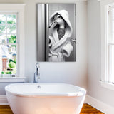 Cute Duck in a Bathrobe Peering from Shower Cabin Canvas Prints Wall Art, Bathroom Art Print, Pet Gift