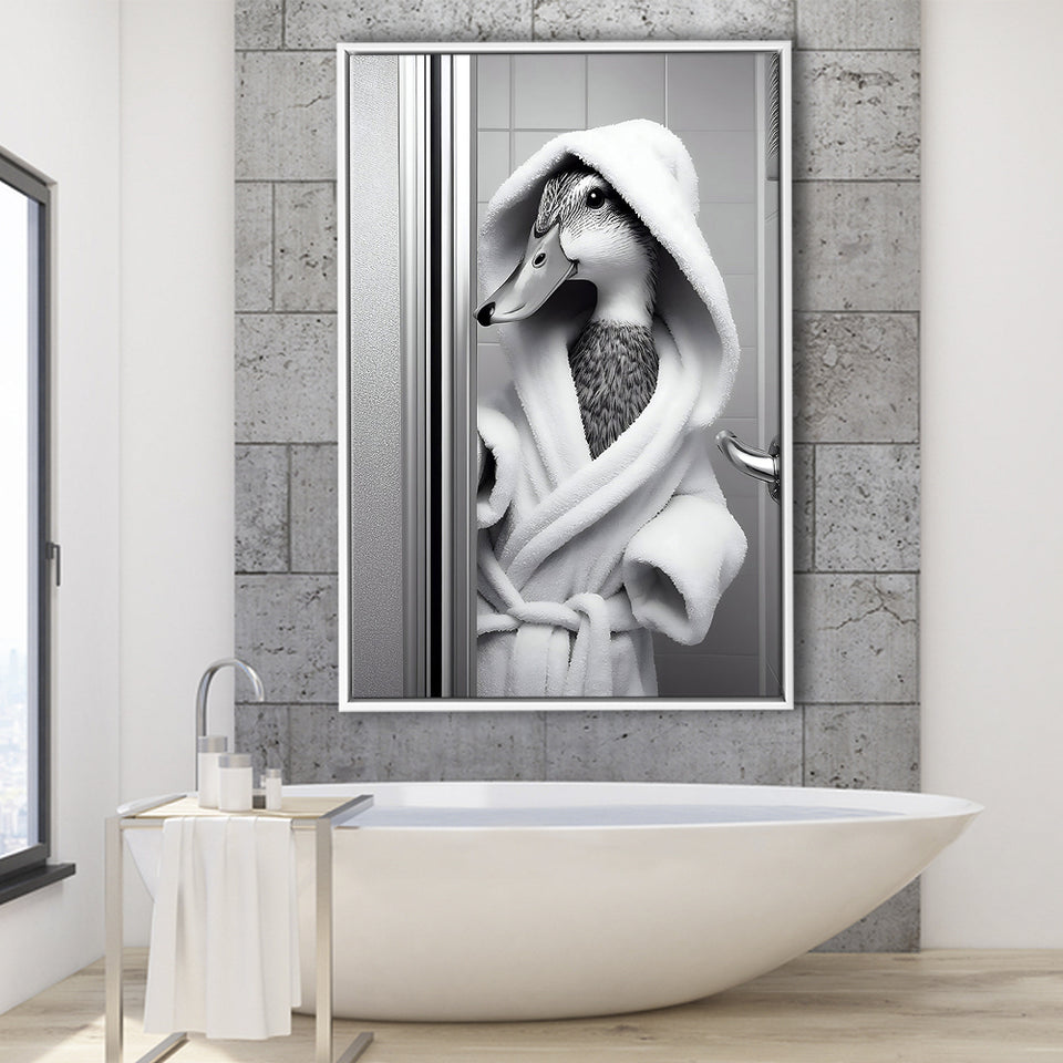 Cute Duck In A Bathrobe Peering From Shower Cabin Framed Canvas Prints Wall Art, Bathroom Framed Art Print, Pet Gift
