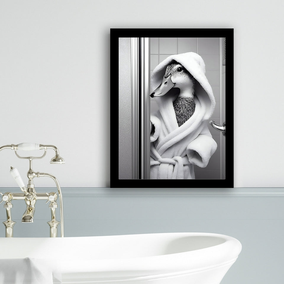 Cute Duck In A Bathrobe Peering From Shower Cabin Framed Art Print Wall Decor, Bathroom Framed Art Print, Pet Gift