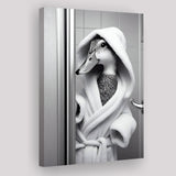 Cute Duck in a Bathrobe Peering from Shower Cabin Canvas Prints Wall Art, Bathroom Art Print, Pet Gift