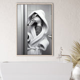 Cute Duck In A Bathrobe Peering From Shower Cabin Framed Canvas Prints Wall Art, Bathroom Framed Art Print, Pet Gift