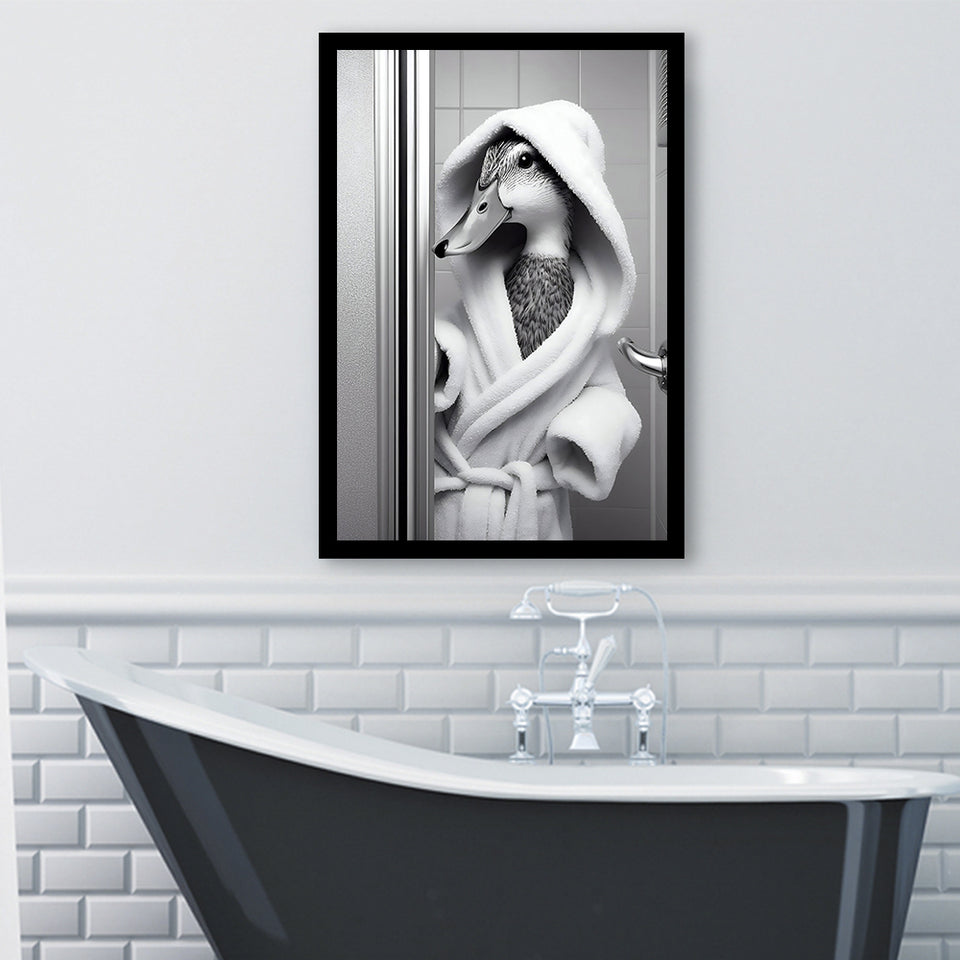 Cute Duck In A Bathrobe Peering From Shower Cabin Framed Art Print Wall Decor, Bathroom Framed Art Print, Pet Gift
