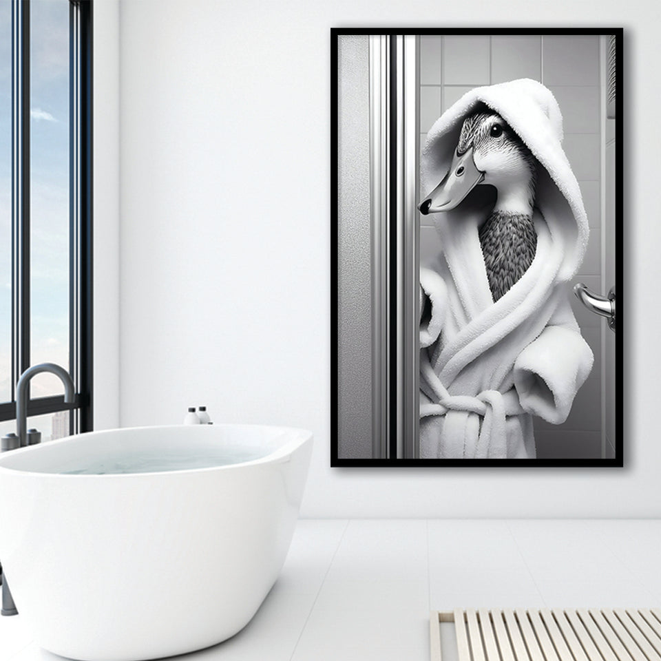 Cute Duck In A Bathrobe Peering From Shower Cabin Framed Art Print Wall Decor, Bathroom Framed Art Print, Pet Gift