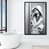 Cute Duck In A Bathrobe Peering From Shower Cabin Framed Art Print Wall Decor, Bathroom Framed Art Print, Pet Gift