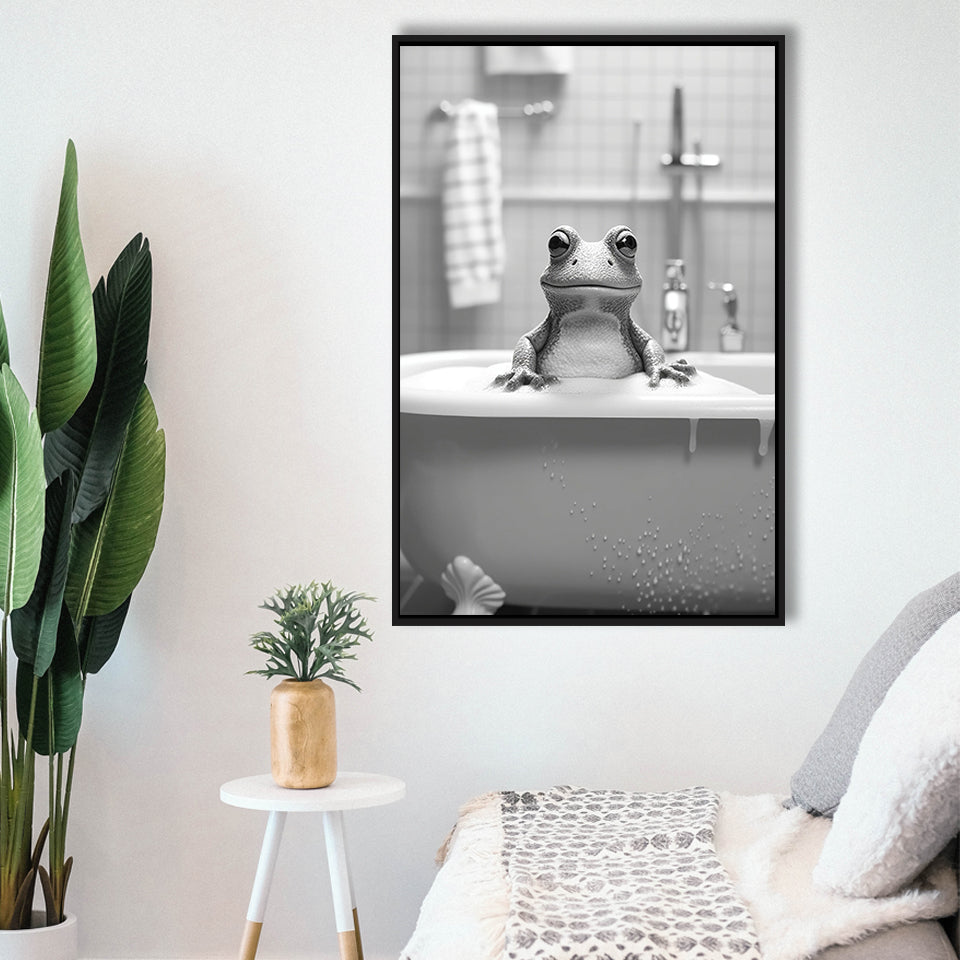 Cute Frog In Tub Printable Framed Canvas Prints Wall Art, Bathroom Kids Art, Bathroom Wall Decor