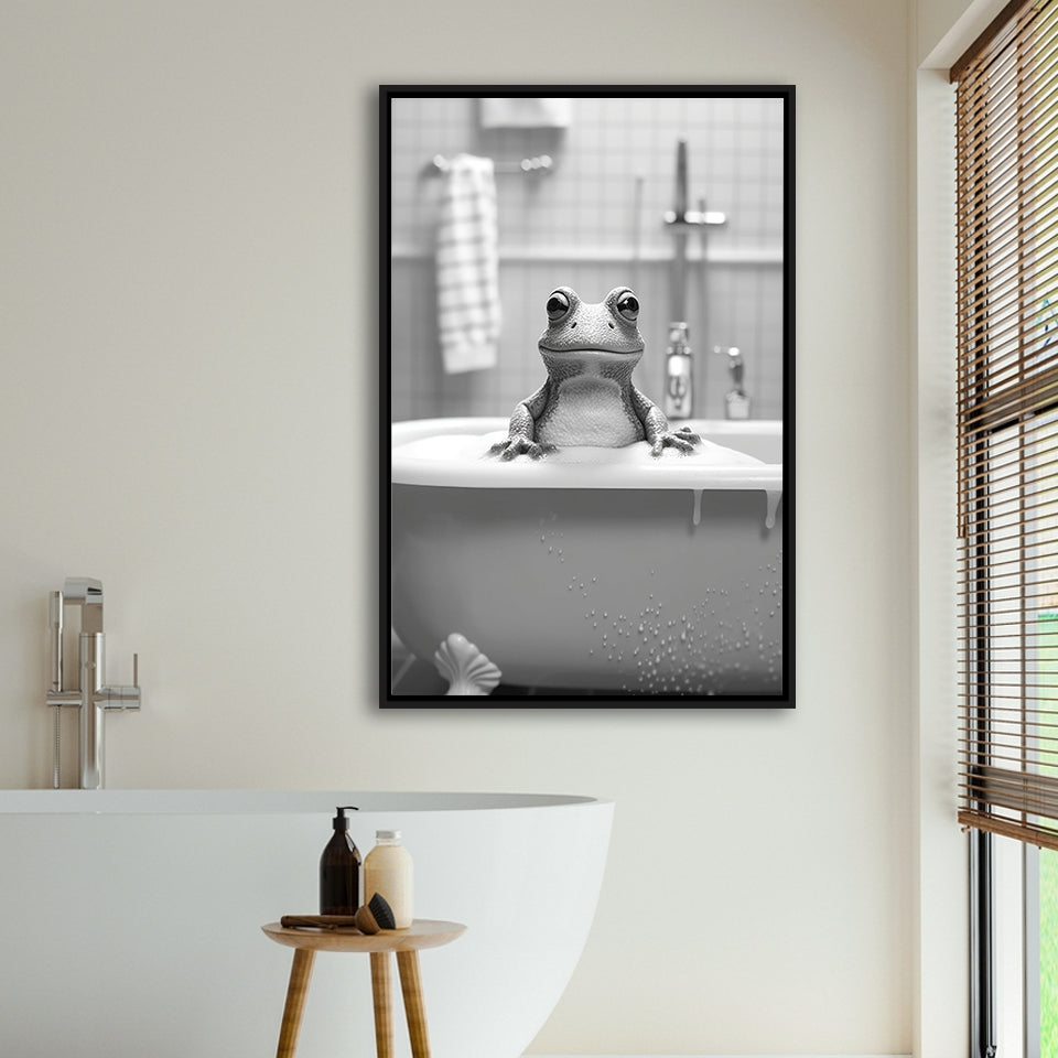 Cute Frog In Tub Printable Framed Canvas Prints Wall Art, Bathroom Kids Art, Bathroom Wall Decor