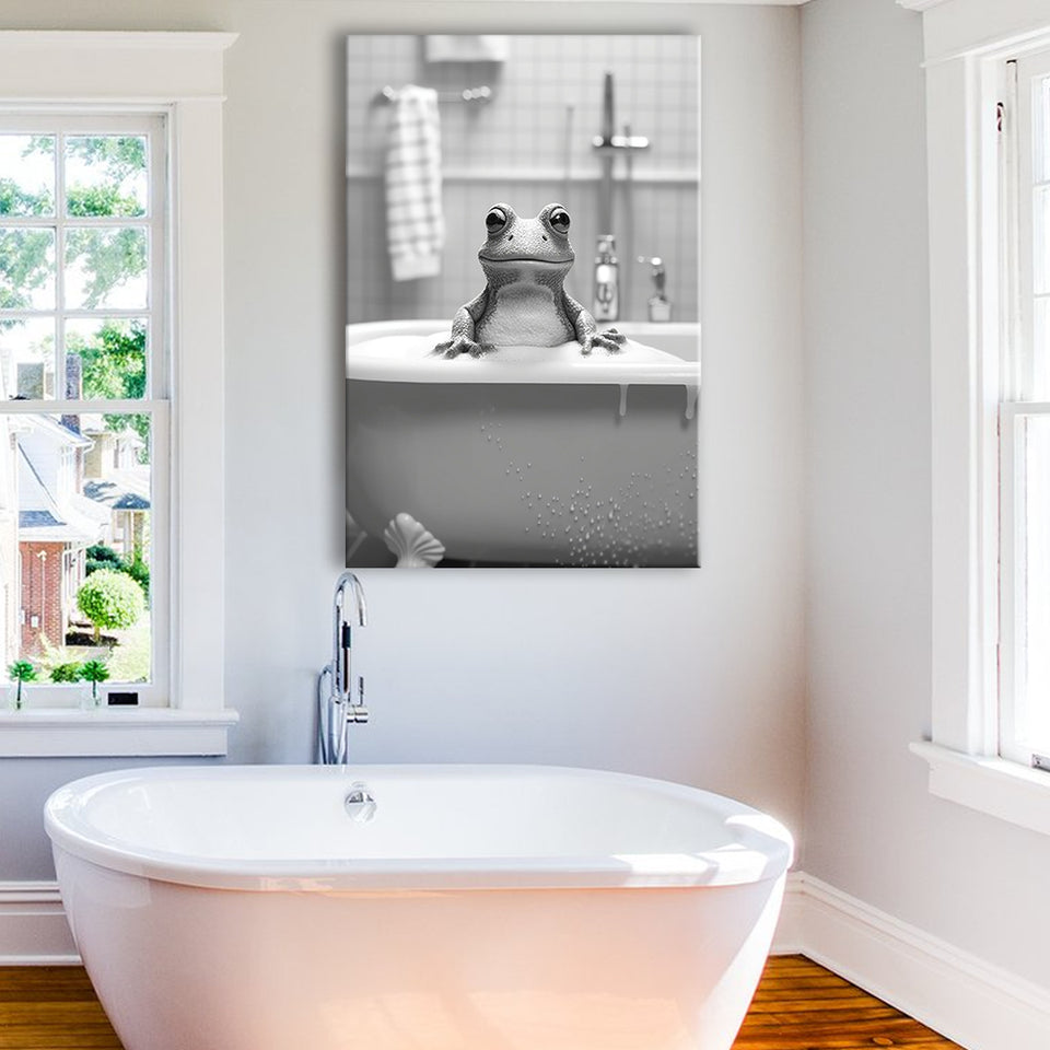 Cute Frog in Tub Printable Canvas Prints Wall Art, Bathroom kids art, Bathroom wall decor