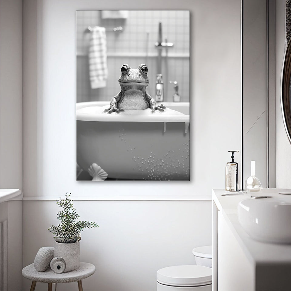 Cute Frog in Tub Printable Canvas Prints Wall Art, Bathroom kids art, Bathroom wall decor