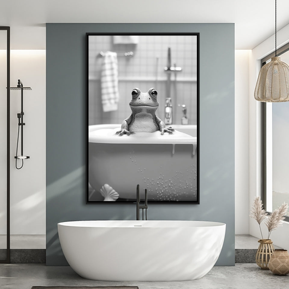 Cute Frog In Tub Printable Framed Canvas Prints Wall Art, Bathroom Kids Art, Bathroom Wall Decor