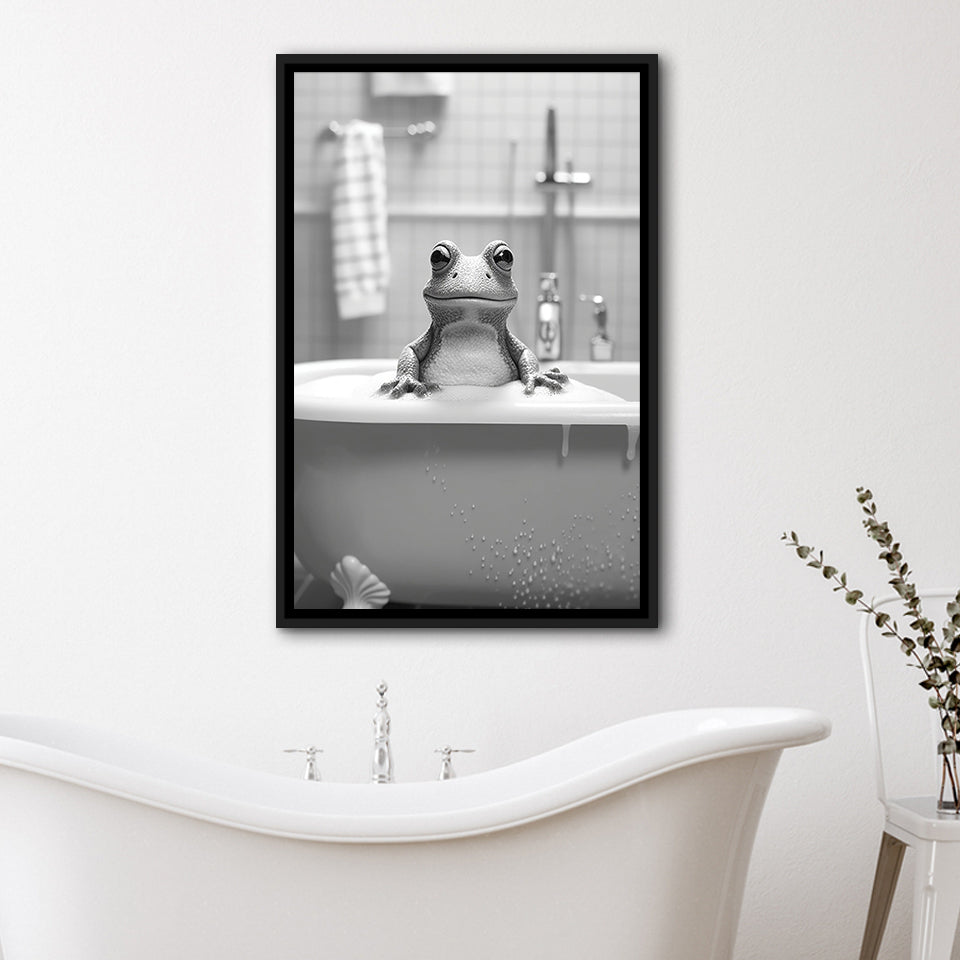 Cute Frog In Tub Printable Framed Canvas Prints Wall Art, Bathroom Kids Art, Bathroom Wall Decor