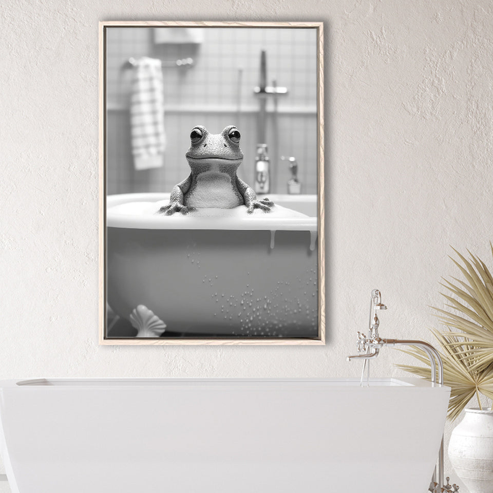 Cute Frog In Tub Printable Framed Canvas Prints Wall Art, Bathroom Kids Art, Bathroom Wall Decor