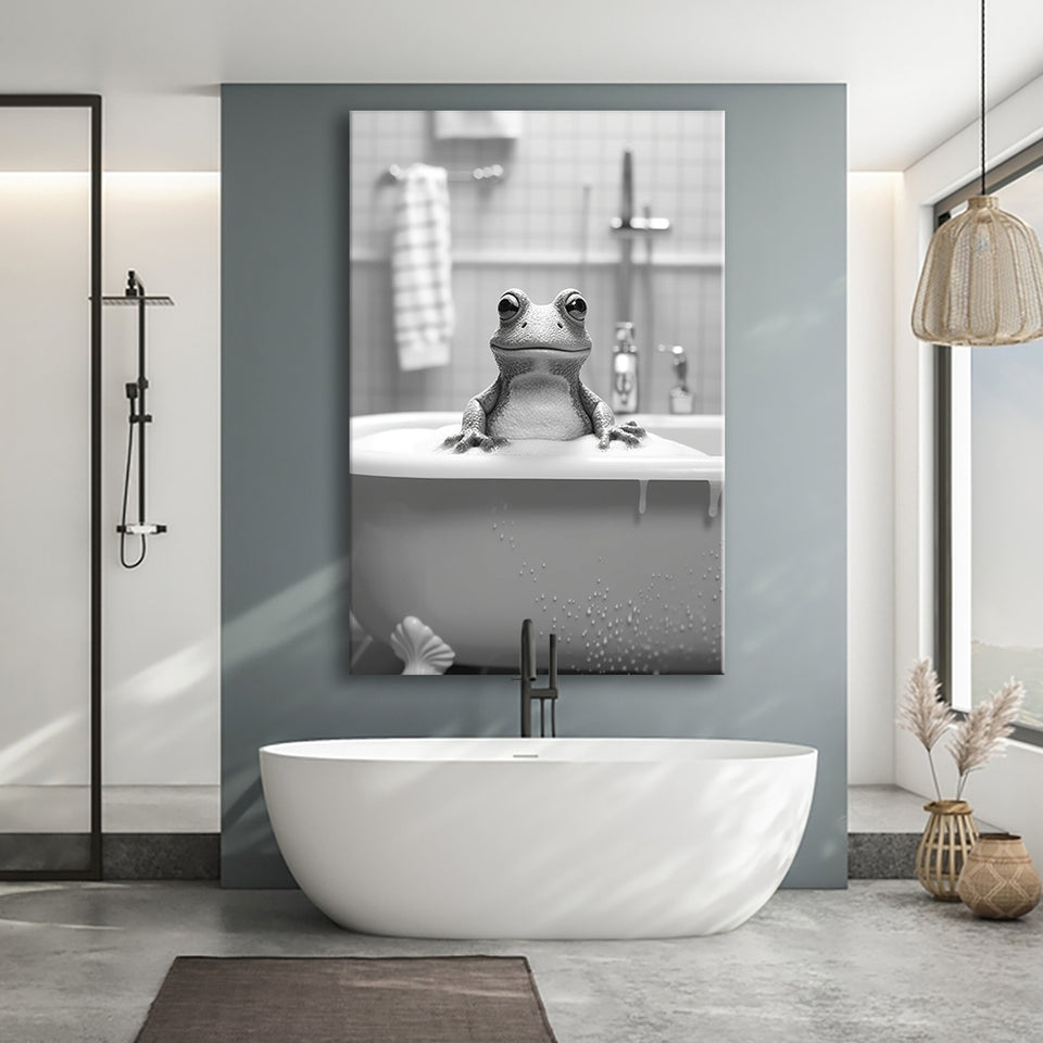 Cute Frog in Tub Printable Canvas Prints Wall Art, Bathroom kids art, Bathroom wall decor