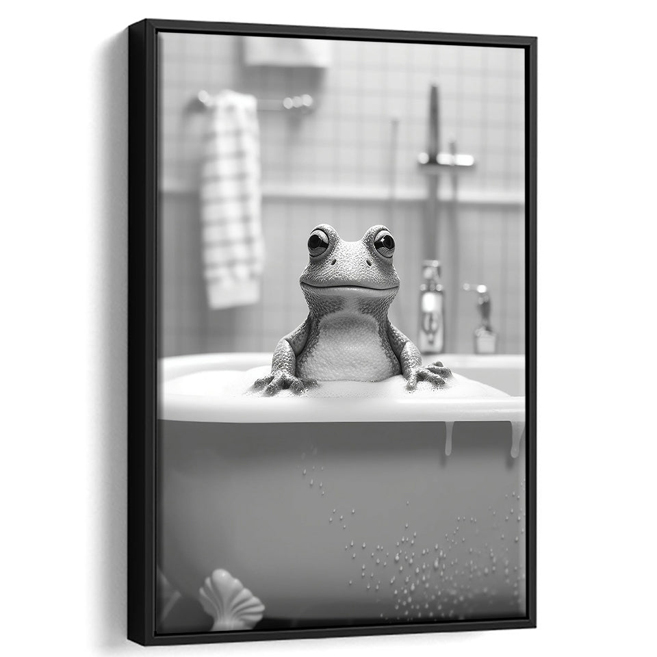 Cute Frog In Tub Printable Framed Canvas Prints Wall Art, Bathroom Kids Art, Bathroom Wall Decor