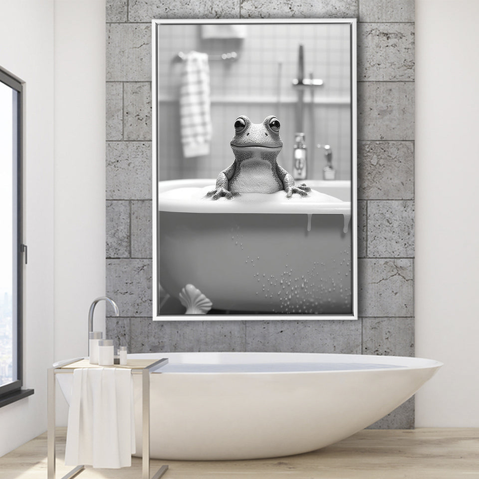 Cute Frog In Tub Printable Framed Canvas Prints Wall Art, Bathroom Kids Art, Bathroom Wall Decor