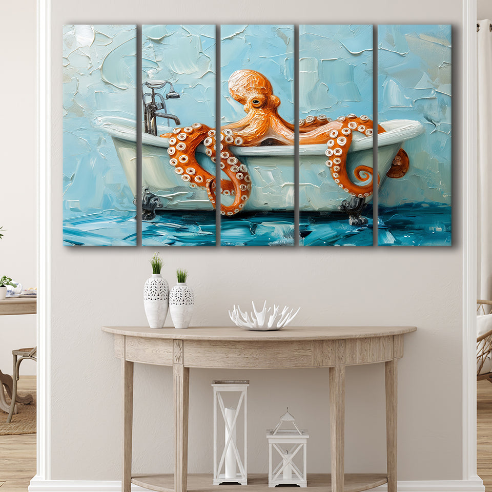 Cute Octopus In Bathtube Bathroom, Mixed 5 Panel B Canvas Print Wall Art Decor, Extra Large Painting Canvas