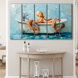Cute Octopus In Bathtube Bathroom, Mixed 5 Panel B Canvas Print Wall Art Decor, Extra Large Painting Canvas
